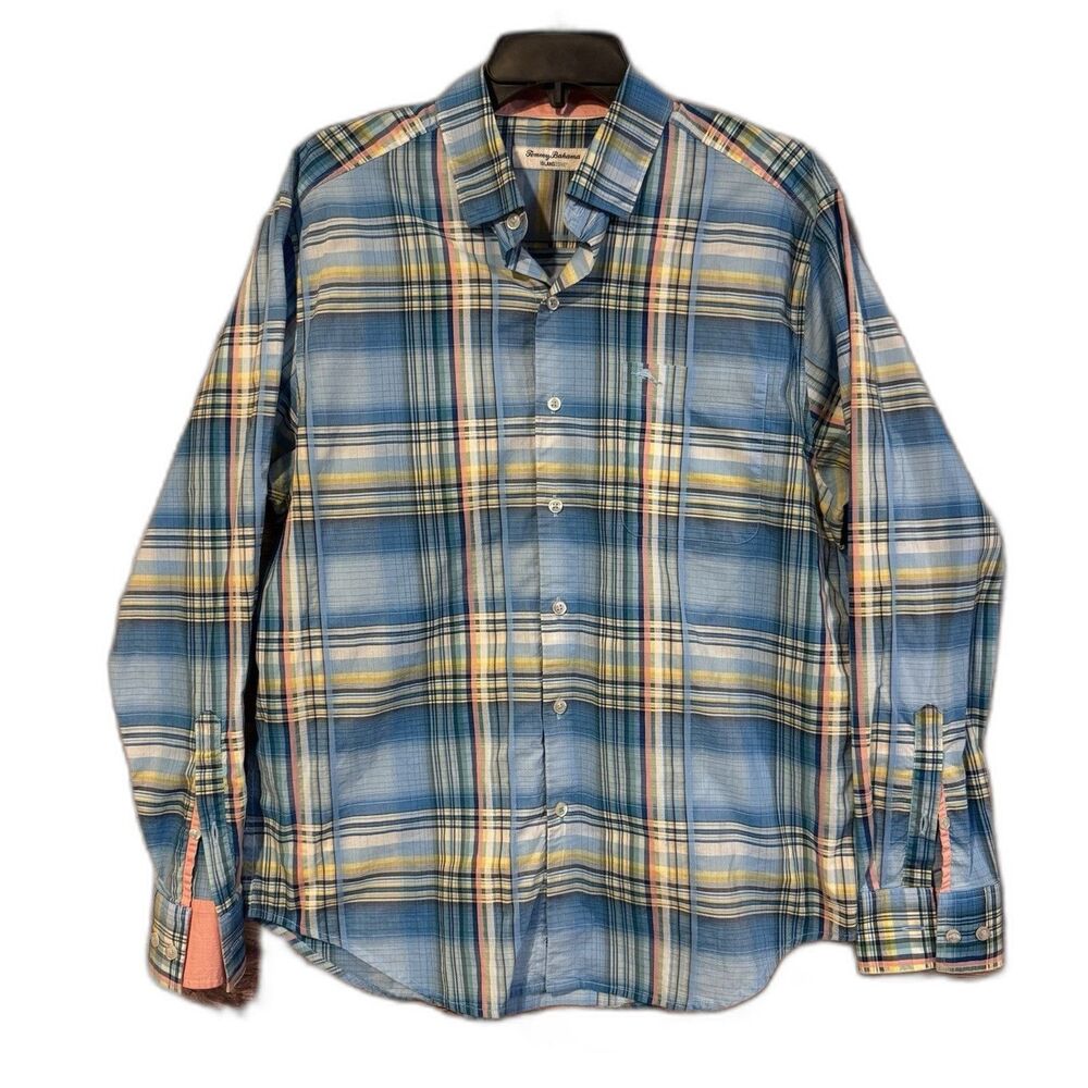 Tommy Bahama IslandZone Shirt Mens M Blue Plaid Pima Cotton Long Sleeve Marlin